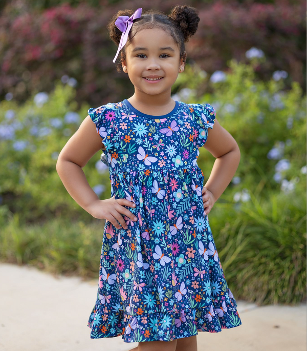 Navy Butterfly Floral Angel-Sleeve Dress
