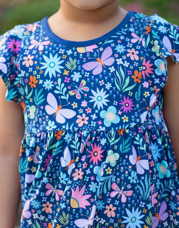 Navy Butterfly Floral Angel-Sleeve Dress