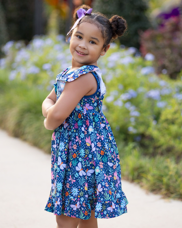 Navy Butterfly Floral Angel-Sleeve Dress