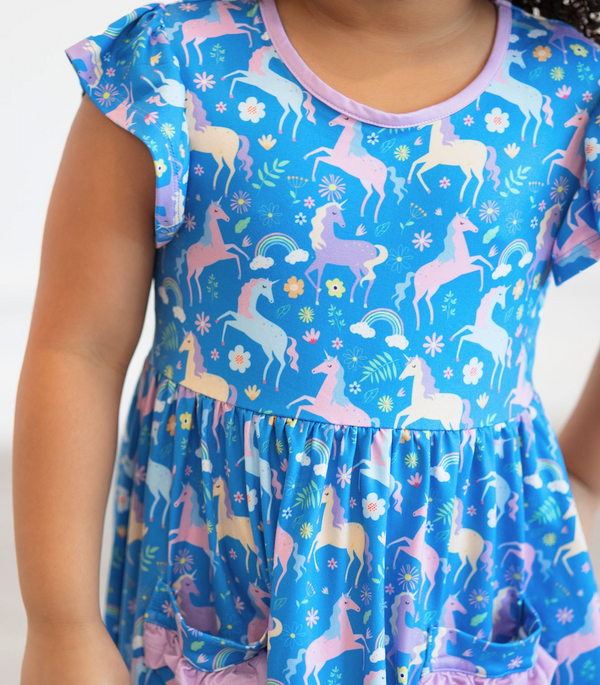 Kids Blue Unicorn Patch-Pocket Angel-Sleeve Dress