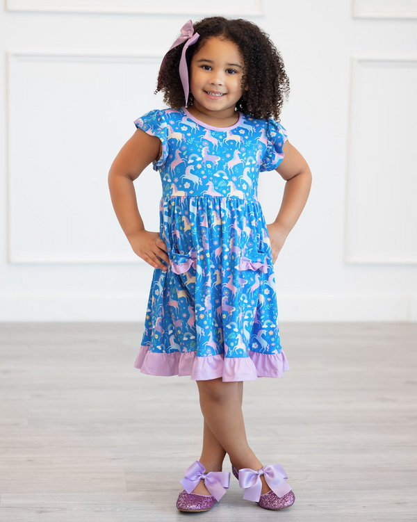 Kids Blue Unicorn Patch-Pocket Angel-Sleeve Dress