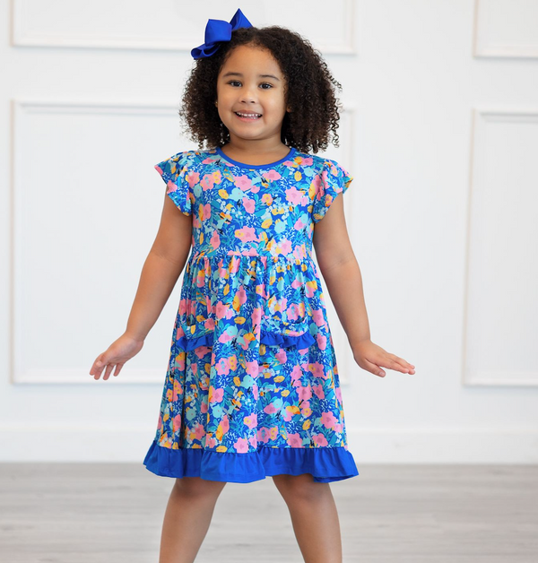Kids Blue Floral Whimsy Ruffle Pocket Dress & Hair Bow Set