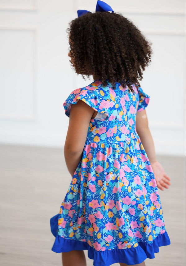 Kids Blue Floral Whimsy Ruffle Pocket Dress & Hair Bow Set