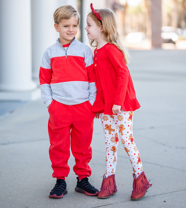 Red & Gray Heather Polar Fleece Color Block Quarter-Zip Pullover & Joggers