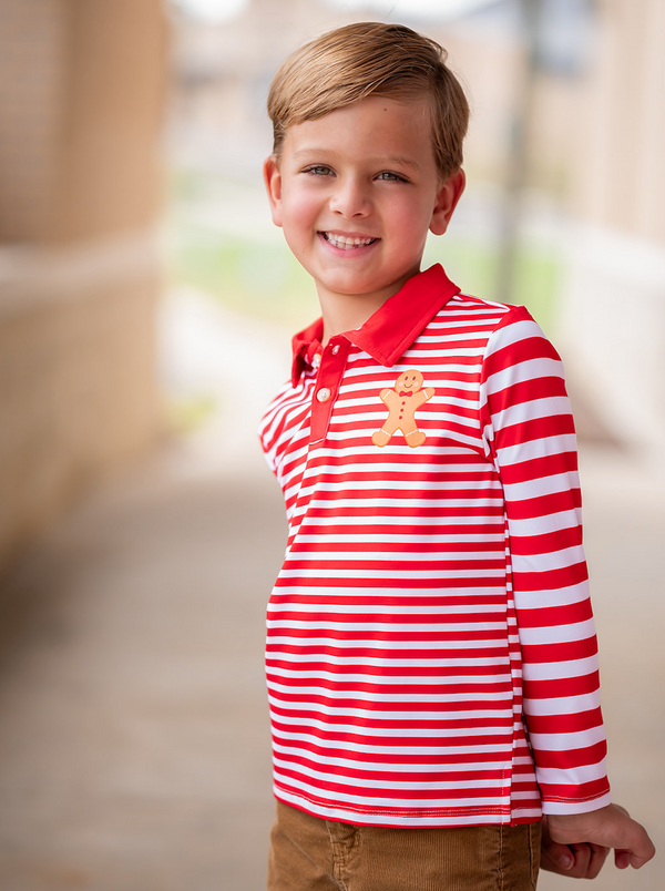 Kids Red Stripe Gingerbread Long-Sleeve Polo