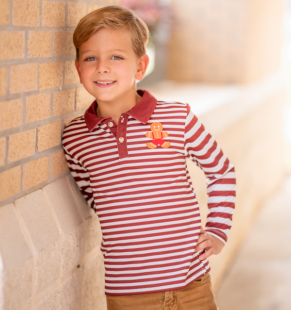 Burgundy Stripe Gingerbread Long-Sleeve Polo