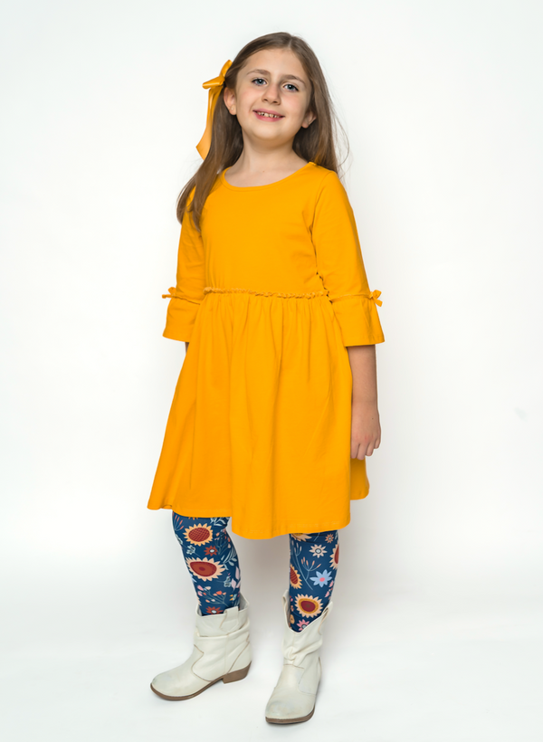 Marigold Bow-Sleeve A-Line Dress & Sunflower Meadow Leggings