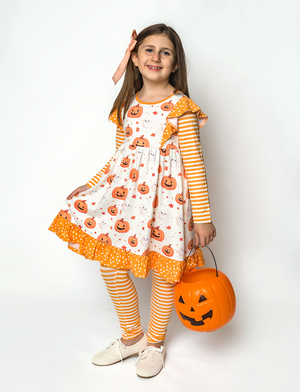 Kids Cream Happy Pumpkin Angel-Sleeve Dress & Stripe Leggings
