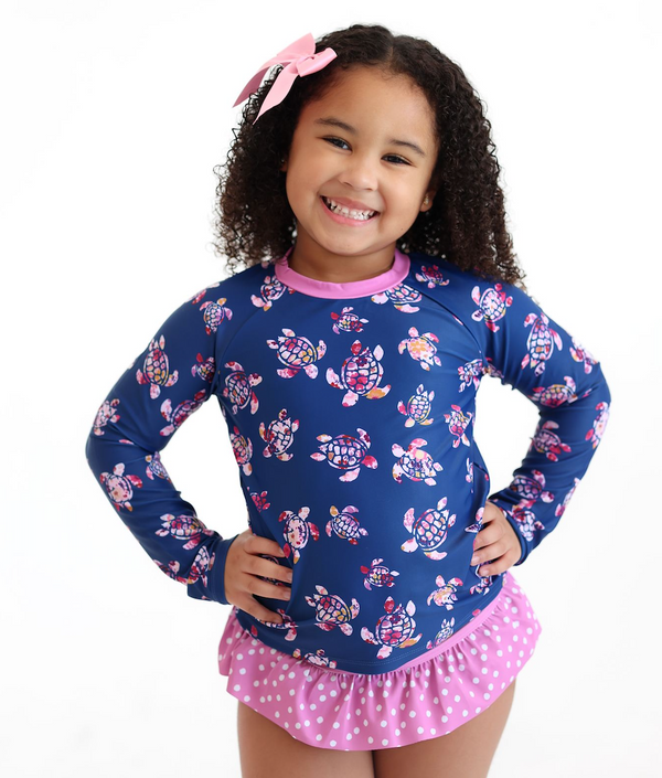 Navy Mosaic Turtle Long-Sleeve Rashguard Set