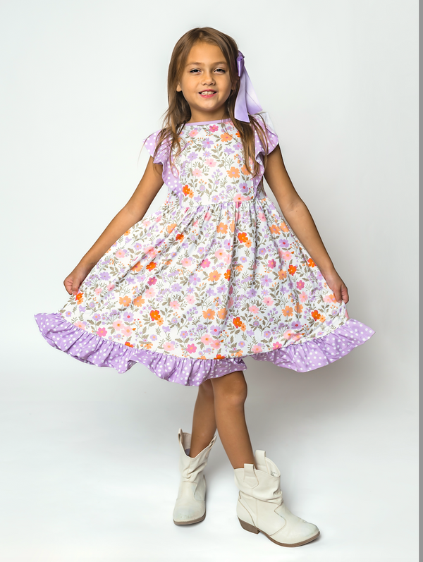 Lilac Beatrice Floral Angel-Sleeve Dress & Shorts