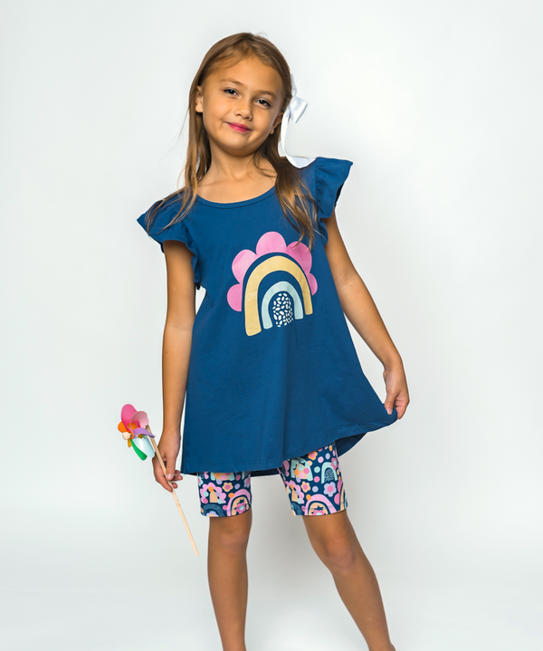 Navy Angel-Sleeve Top & Rainbow Candy Bike Shorts