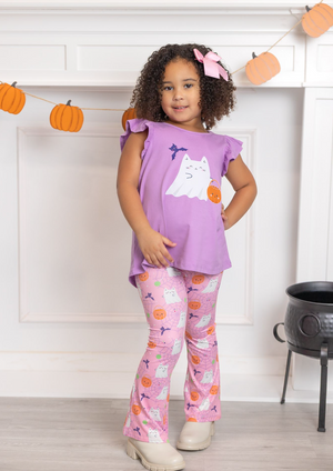 Kids Halloween Print Hi-Low Top & Ghost&Lollipops Flare Leggings