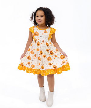 Kids Cream Happy Pumpkin Angel-Sleeve Dress & Dot Shorts