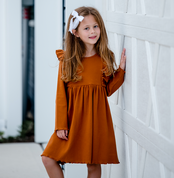 Kids Caramel Cafe Ribbed Ruffle-Shoulder A-Line Dress