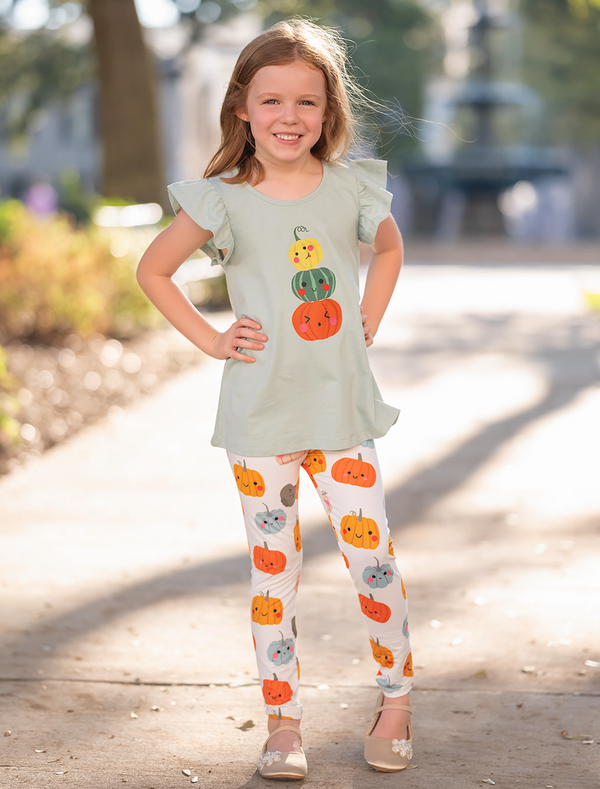 Millie Loves Lily Girls' Sage Pumpkin Top & Printed Legging Set