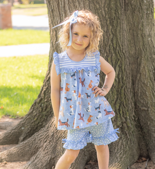 Kids Periwinkle Dog Park Ruffle Sleeveless Top & Pin Dot Bow Shorts