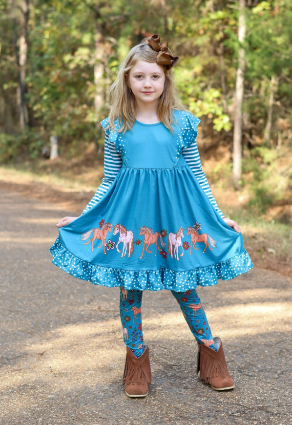 Millie Loves Lily Girls Teal Pony Border Dress & Legging Set