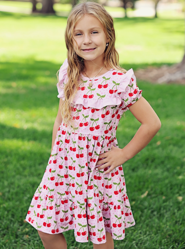 Kids Lt.Pink Cherries Ruffle Tiered A-Line Dress