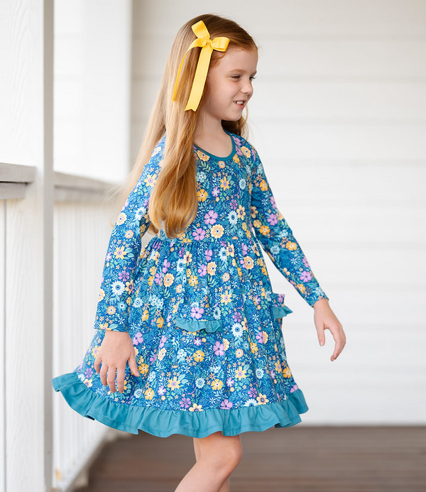 Kids Teal Forever Floral Patch-Pocket Long-Sleeve A-Line Dress