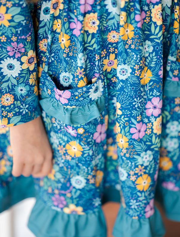 Kids Teal Forever Floral Patch-Pocket Long-Sleeve A-Line Dress
