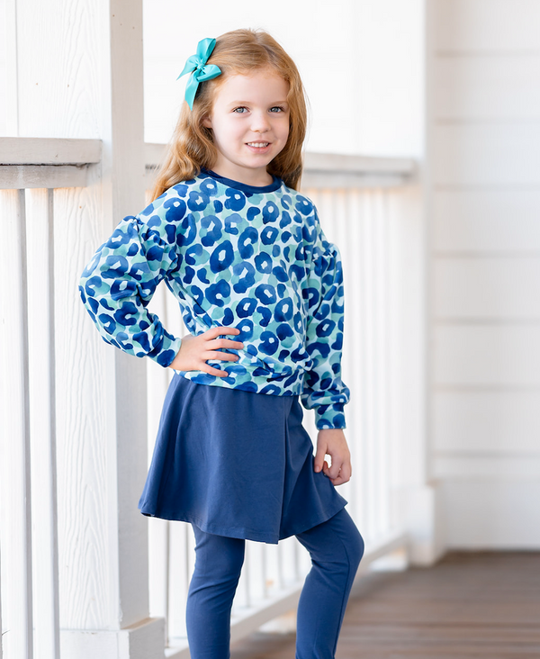 Kids Blue Watercolor Leopard Velour Sweatshirt & Navy Skirted Leggings