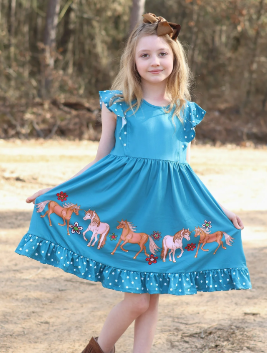 Millie Loves Lily Girls Teal Unicorn Pony Border Angel Sleeve Dress