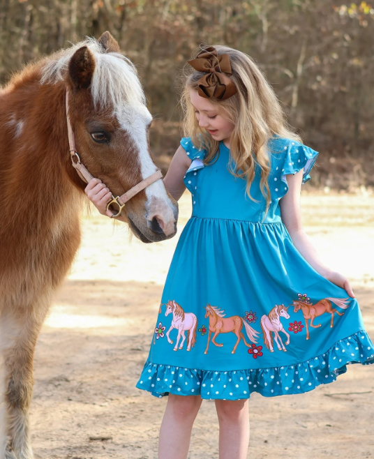 Millie Loves Lily Girls Teal Unicorn Pony Border Angel Sleeve Dress
