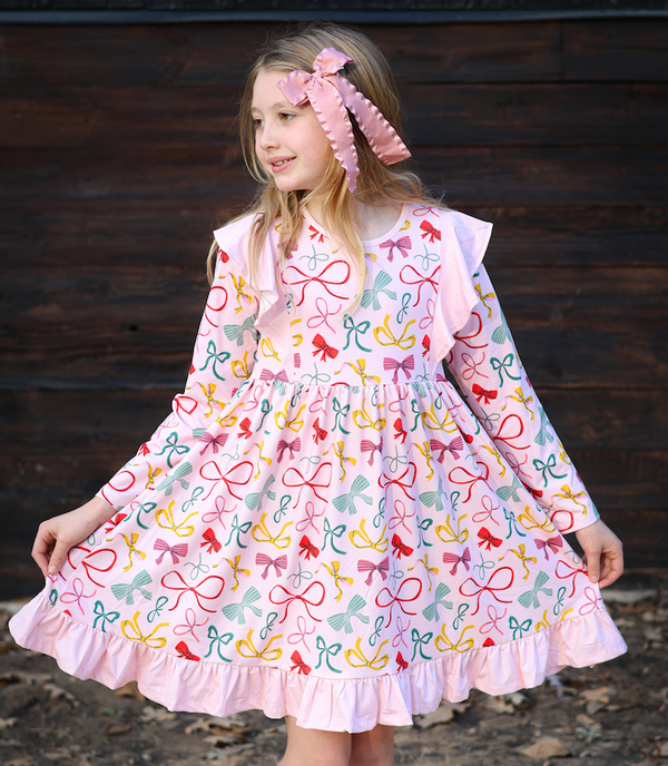 Kids Light Pink Holiday Bows Angel-Sleeve Dress