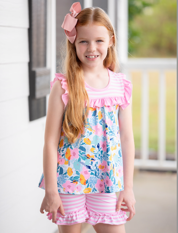 3-PC Pink Floral Whimsy Ruffle Sleeveless Top Shorts & Hair Bow Set