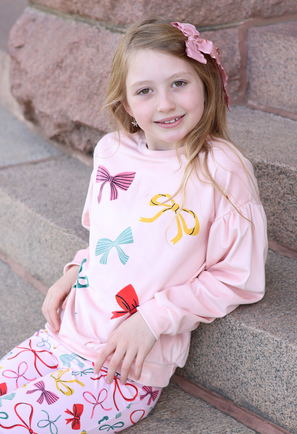 Kids Light Pink Bows Velour Sweatshirt & Flare Leggings
