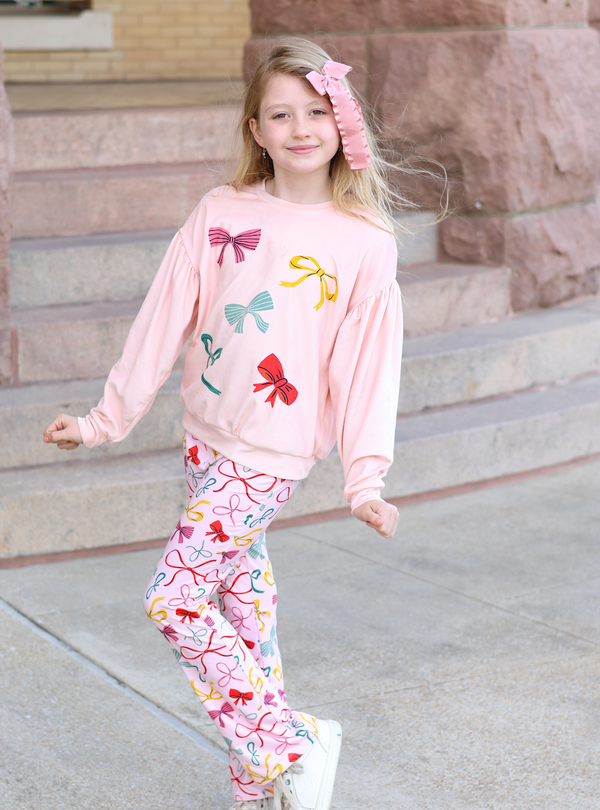 Kids Light Pink Bows Velour Sweatshirt & Flare Leggings