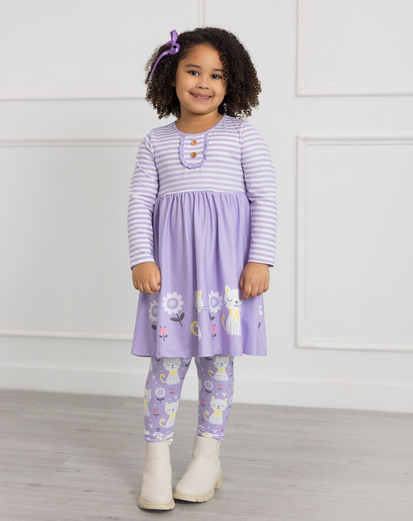 Purple Kitten Corner Border Button-Accent A-Line Dress & Leggings