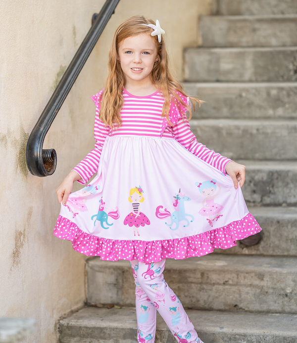 Millie Loves Lily Girls Pink Princess Border Print Dress and Legging Set, 2-PCS