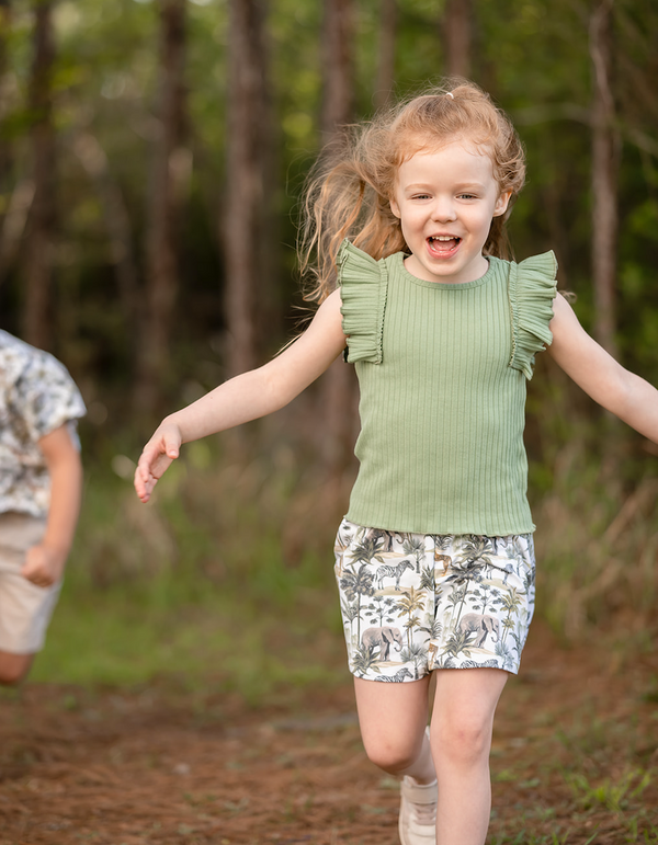 Loden Frost Ribbed Ruffle Sleeveless Top & Safari Scene Skort