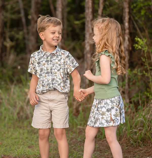 White Safari Scene Short-Sleeve Button-Up