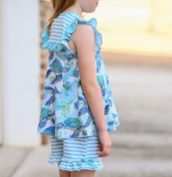 Millie Loves Lily Girls Mint Turtle Print Top and Stripe Short Set,Big Girls,2PCS