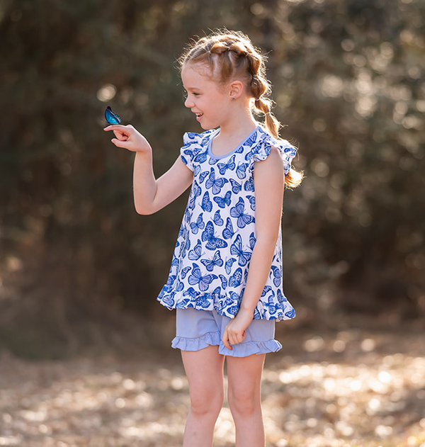 Millie Loves Lily Girls Periwinkle Butterfly Printed Top and Solid Short Set,2-PCS