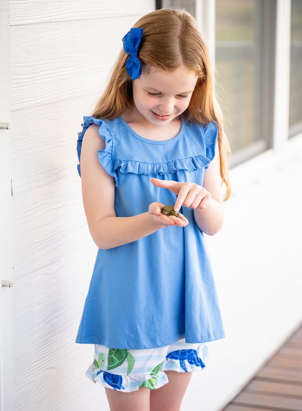 Millie Loves Lily Girls Marina Blue Ruffle Top and Turtle Print Ruffle Short Set,2-PCS
