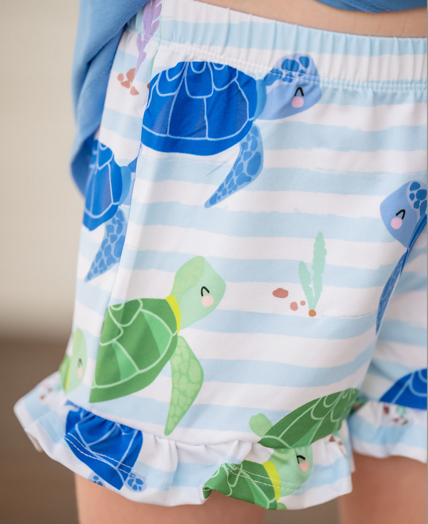 Millie Loves Lily Girls Marina Blue Ruffle Top and Turtle Print Ruffle Short Set,2-PCS