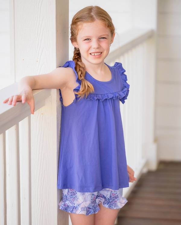 Millie Loves Lily Girls Blue Iris Ruffle Top and Butterfly Printed Ruffle Short Set,2-PCS
