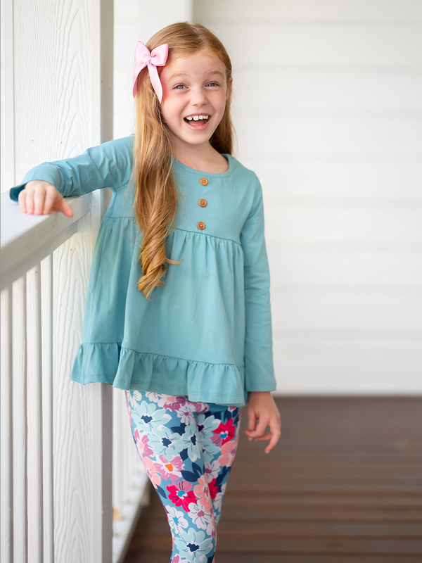 Millie Loves Lily Girls Coral Fox and Nile Blue Floral Top & Legging Set