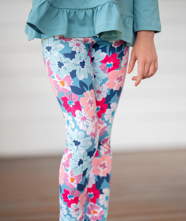 Millie Loves Lily Girls Coral Fox and Nile Blue Floral Top & Legging Set