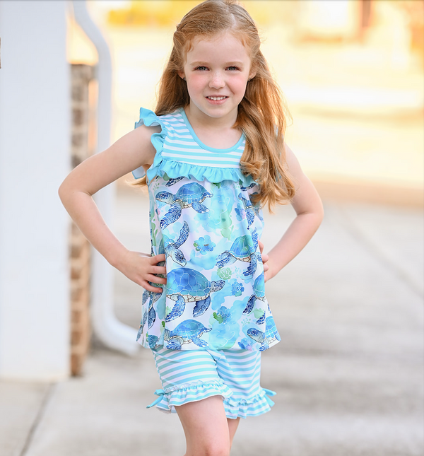 Millie Loves Lily Girls Mint Turtle Print Top and Stripe Short Set,Big Girls,2PCS