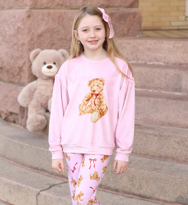 Kids Pink Velour Sweatshirt & Teddy Bear & Bows Flare Leggings