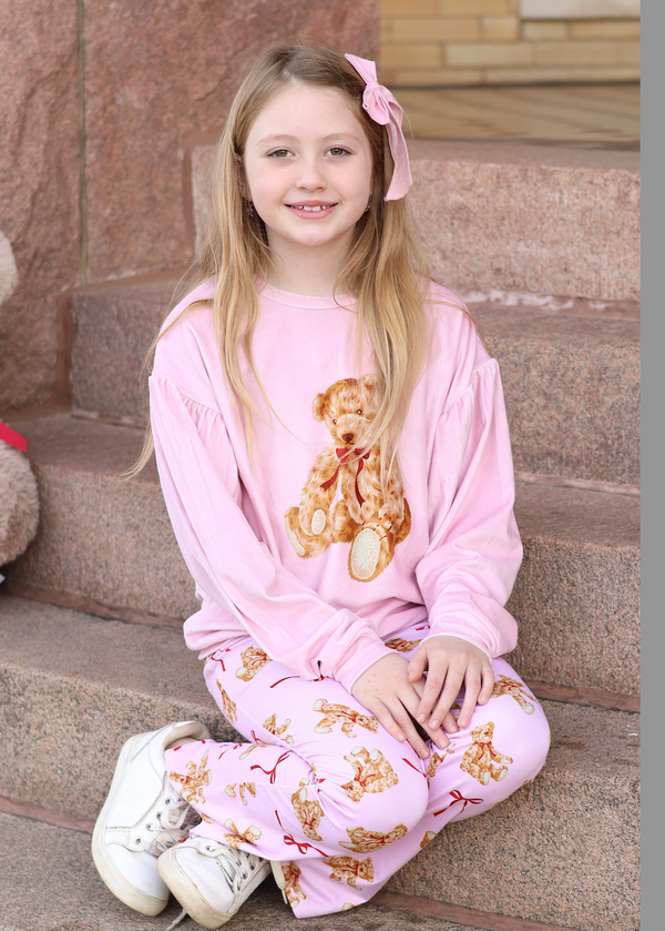Kids Pink Velour Sweatshirt & Teddy Bear & Bows Flare Leggings