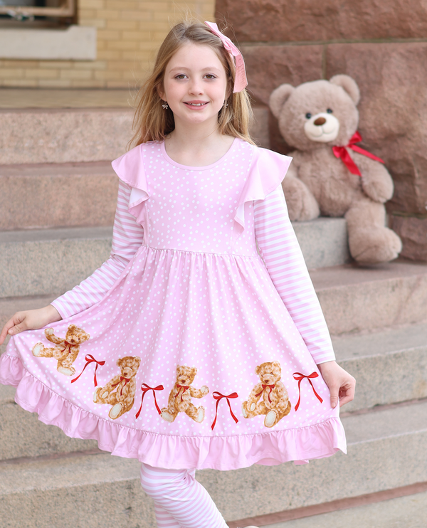 Kids Pink Teddy Bear & Bows  Angel-Sleeve Dress & Stripe Leggings