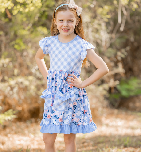 Periwinkle Gingham Bunny Meadow Patch-Pocket Dress