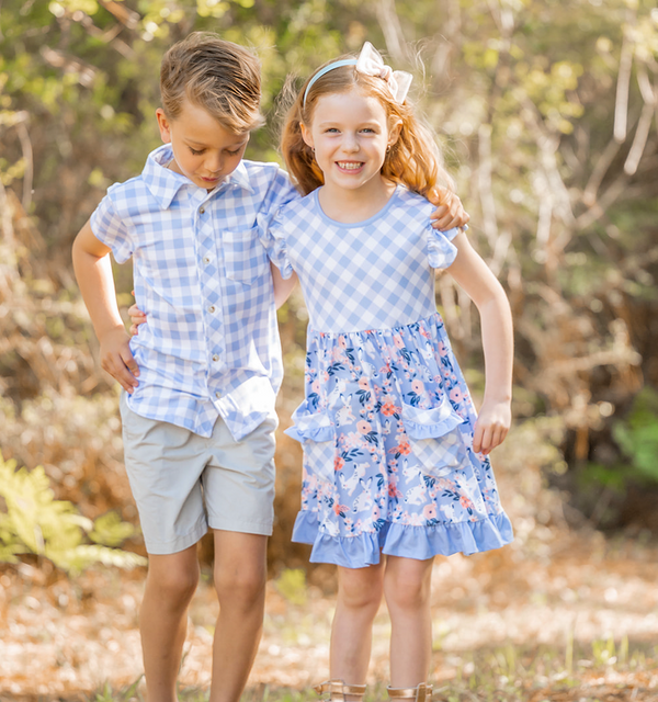 Periwinkle Gingham Bunny Meadow Patch-Pocket Dress
