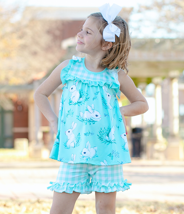 Mint Bunny Field Sleeveless Top & Gingham Bow Shorts