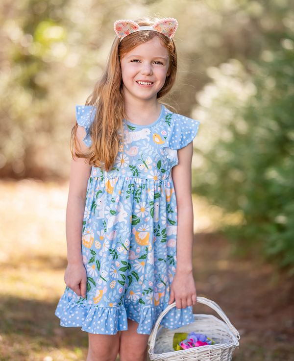 Ice Blue Bunny Flower Angel-Sleeve Dress